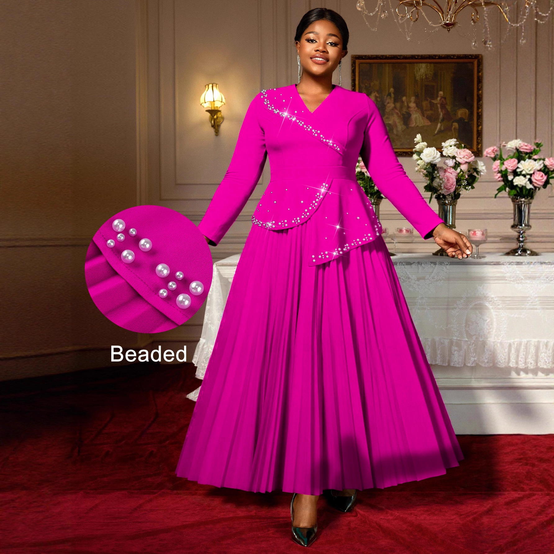 Womens Mandarin-collar Rose-red Beaded Dress