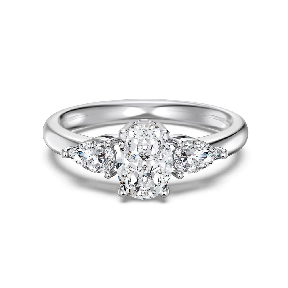S925 Sterling Silver Ring Female Three Main Stone Design - White Gold Colour