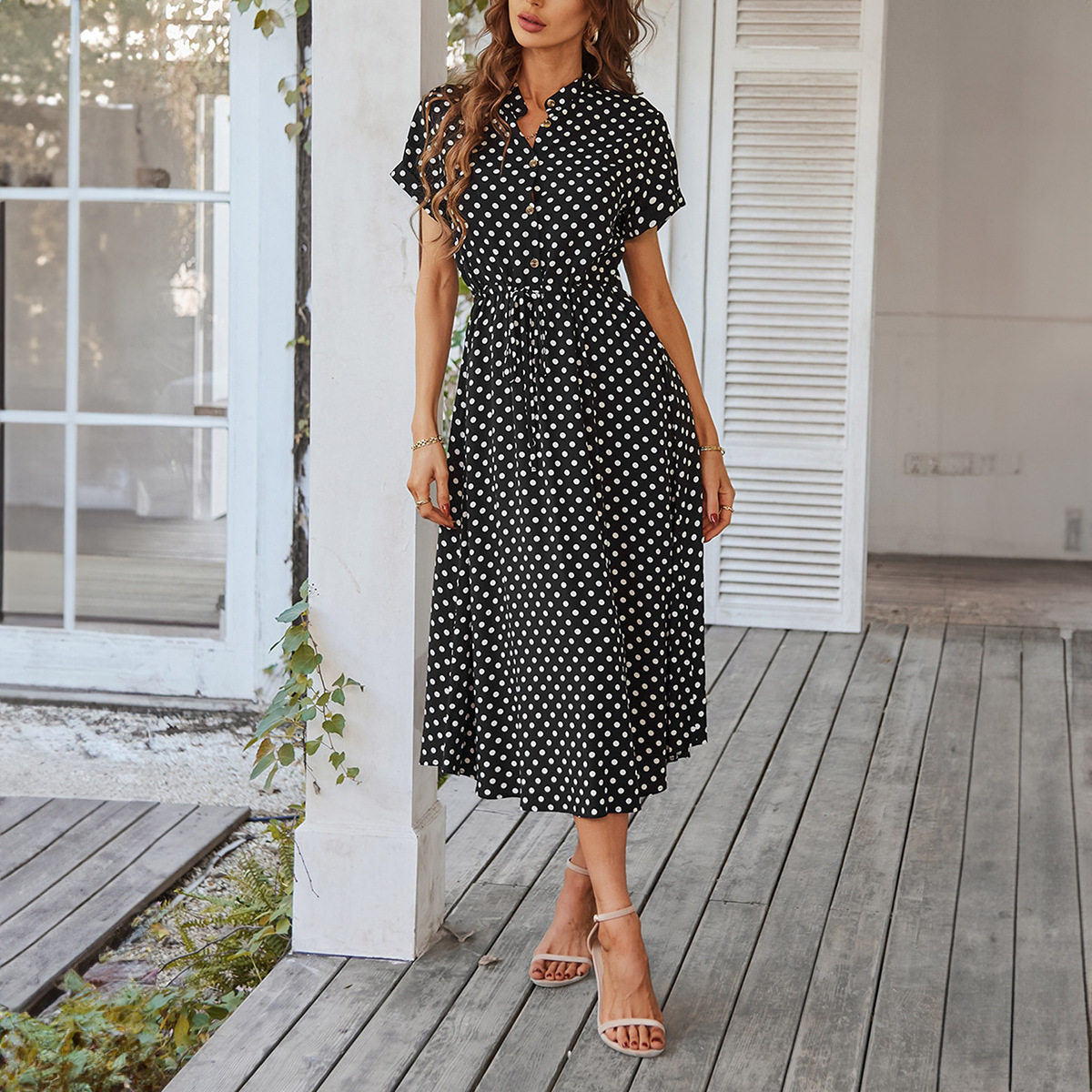 Temperament Leisure Vacation Style Polka Dot Print High Waist Lace up Dress Black - Shop at LoveMi