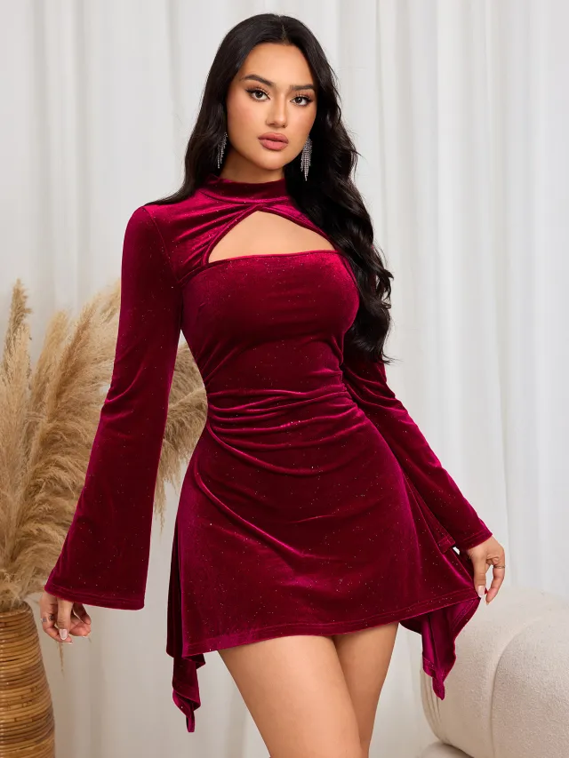 Women's Fashionable And Elegant Long sleeve Dress Wine Red - Shop at LoveMi