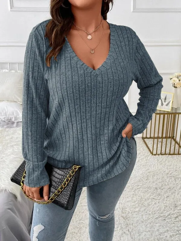 Top V neck Long Sleeve Sunken Stripe Brushed Loose Pullover Sea Blue - Shop at LoveMi