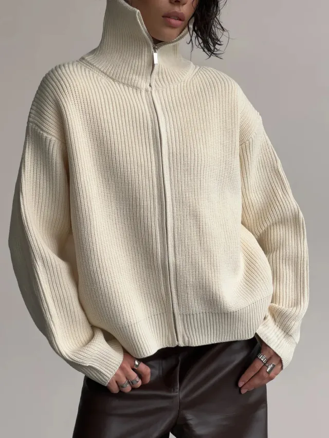 Women's Casual Knit Dual zip Solid Color Sweater Apricot - Shop at LoveMi