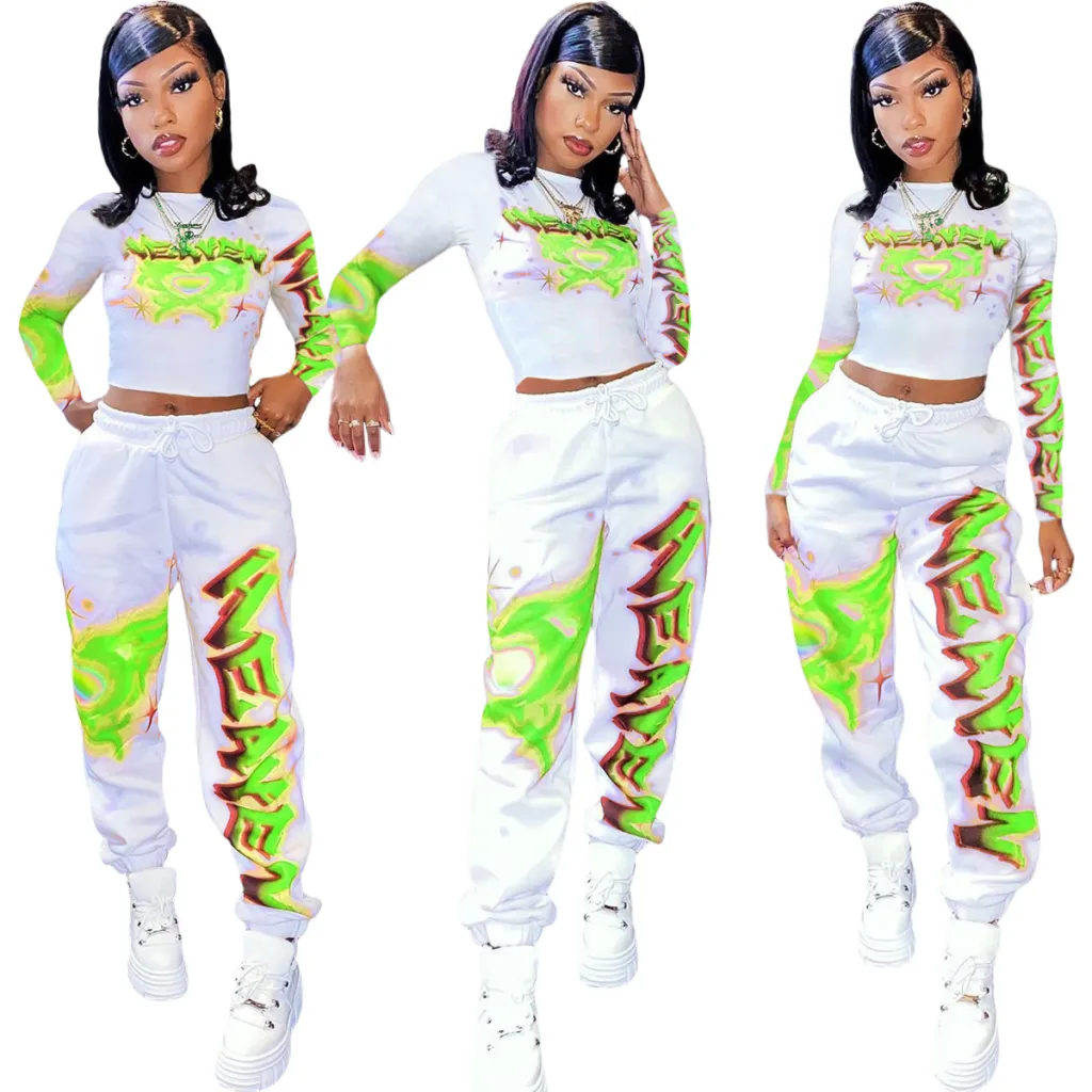 Fashion Printing Sports Two-piece Set - Green