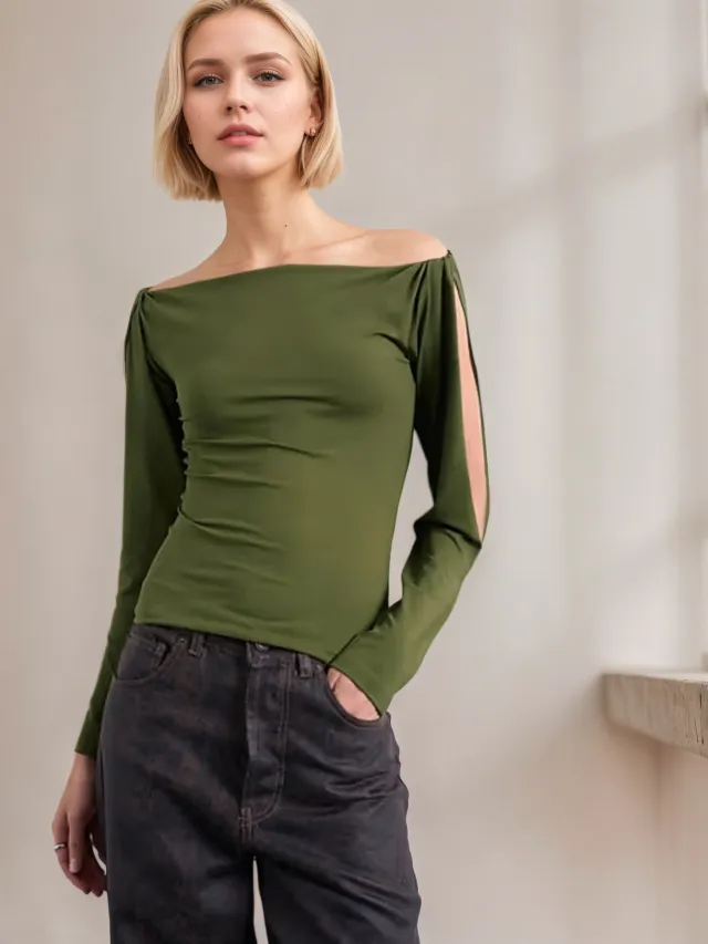 Women's Knit Top With A Boat Neckline Off the shoulder Design Long Sleeves Personalized Hollow out Detailing And Twisted Cuff Accents For A Figure ... Army Green - Shop at LoveMi