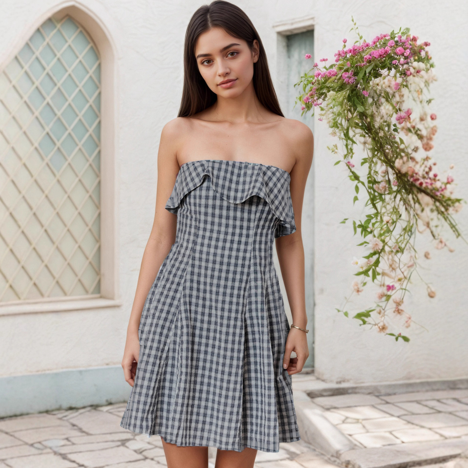 Retro, High-end Blue Plaid Tube Dress