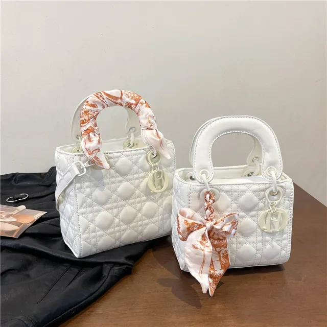 Silk Scarf Three Grids And Four Grids Small Square Bag White - Shop at LoveMi