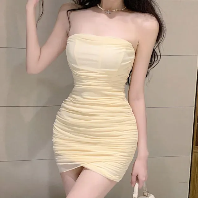 Summer New Temperament Mesh Tube Top Hip Skirt For Women Apricot - Shop at LoveMi