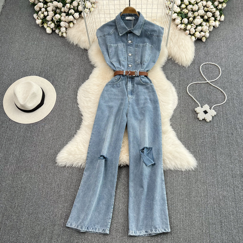 Chic Workwear Denim High-waisted Slimming Straight-leg Wide-leg Pants
