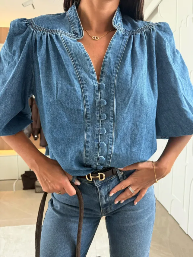 Fashionabl Casual Retro Denim Shirt With Puffed Sleeves And V Neck Blue - Shop at LoveMi