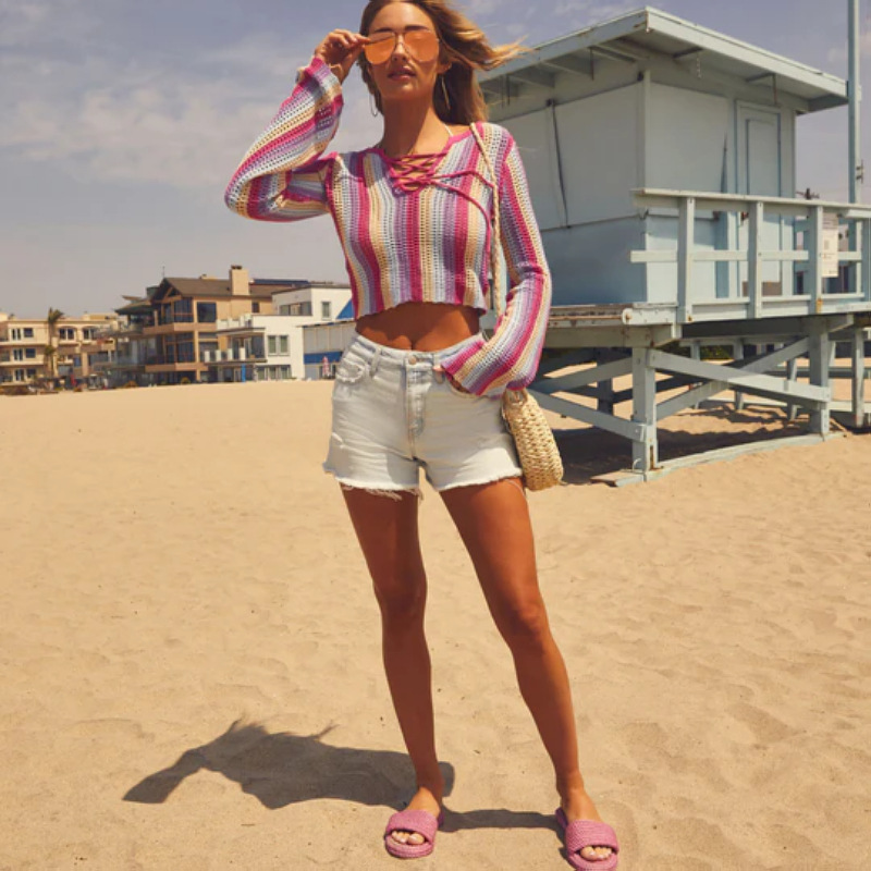 Cutout Blouse Shirt Contrast Color Lace-up