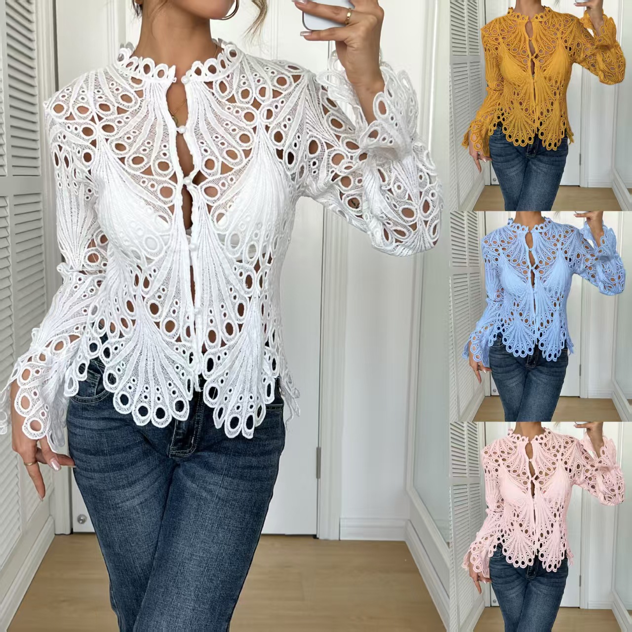 Sexy Cutout Flared-Sleeve Breathable Knitted Lace Womens Top