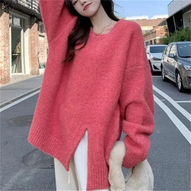 Idle Style Crew Neck Split Knitwear Loose Sweater Watermelon Red - Shop at LoveMi