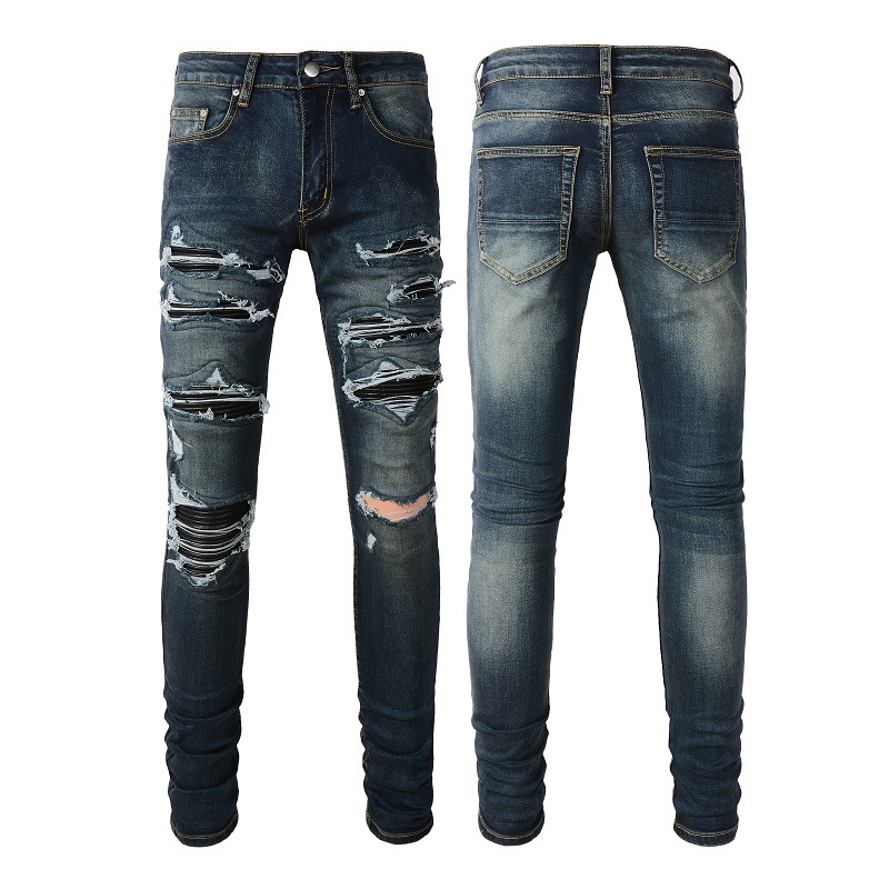 High Street Blue Ripped Leather Patchwork Men's Jeans