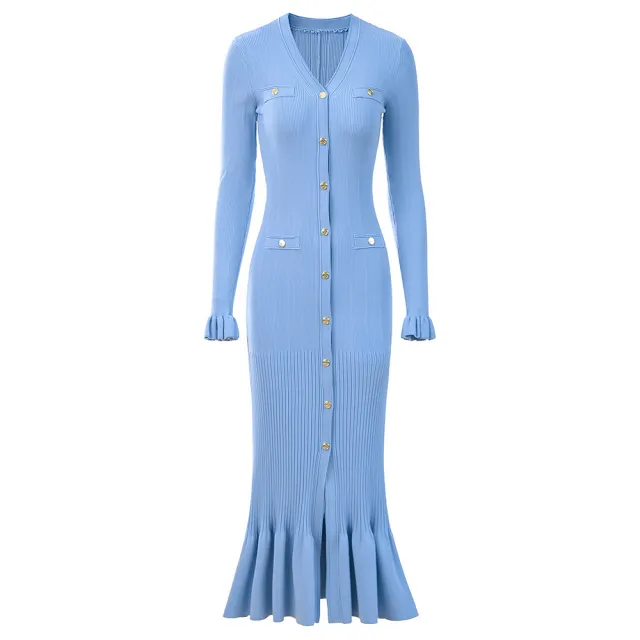Elegant And Slim fitting Lace trimmed Knitted Dress Blue - Shop at LoveMi