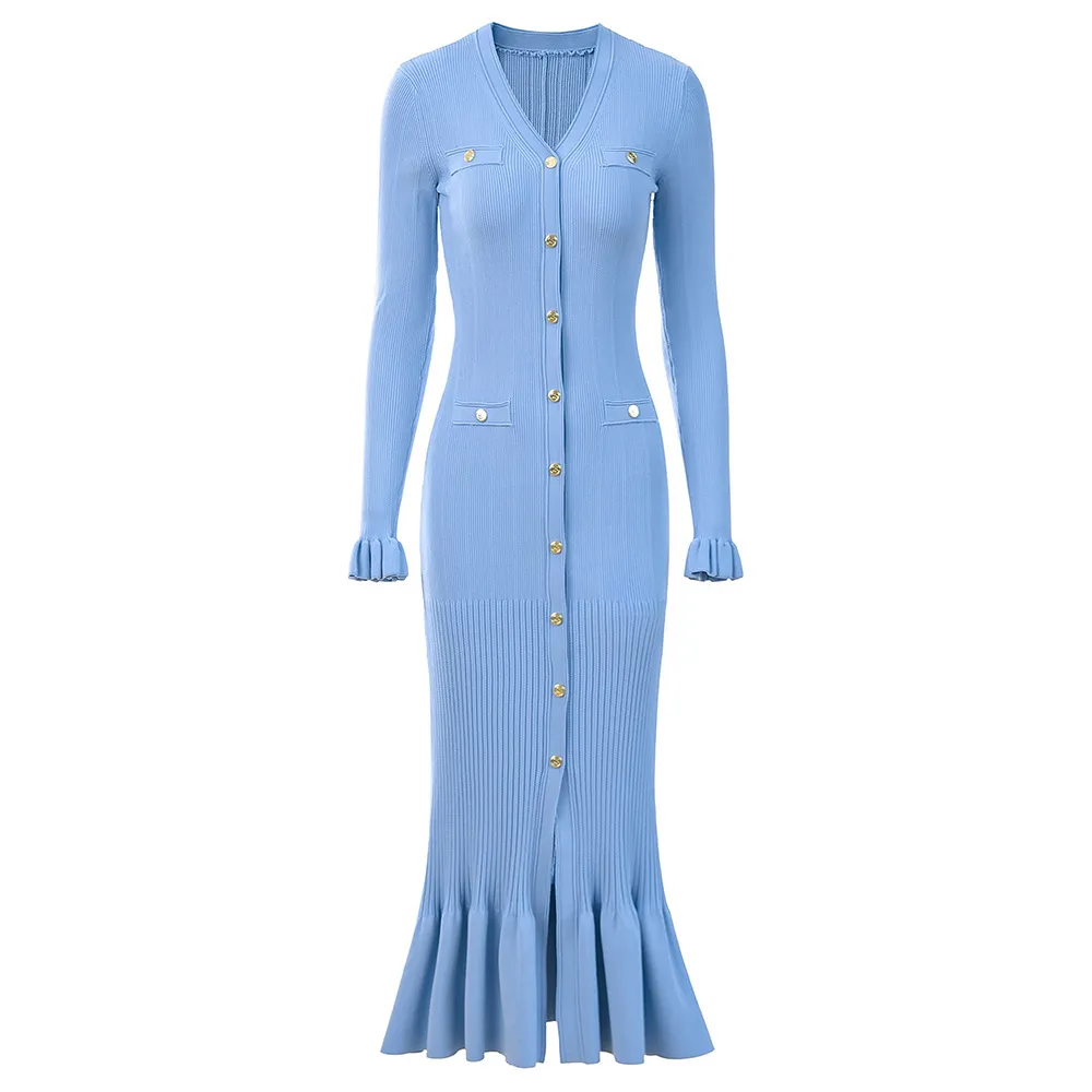 Elegant And Slim-fitting Lace-trimmed Knitted Dress - Blue