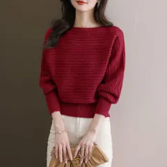 Autumn And Winter Boat Collar Loose-fitting Batwing Sleeve Shirt Knitted Top - Wine Red - View 1