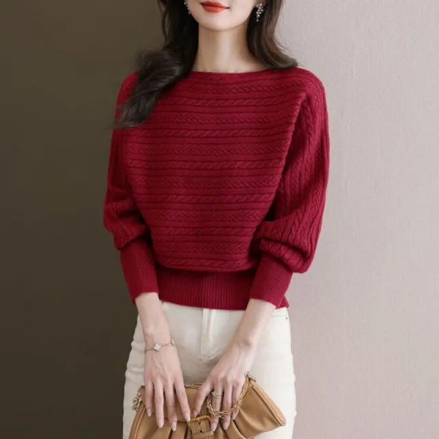 Autumn And Winter Boat Collar Loose fitting Batwing Sleeve Shirt Knitted Top Wine Red - Shop at LoveMi