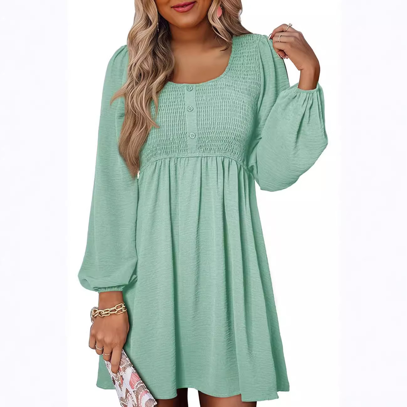 Women's Round Neck Button Long Sleeve High Waist Dress