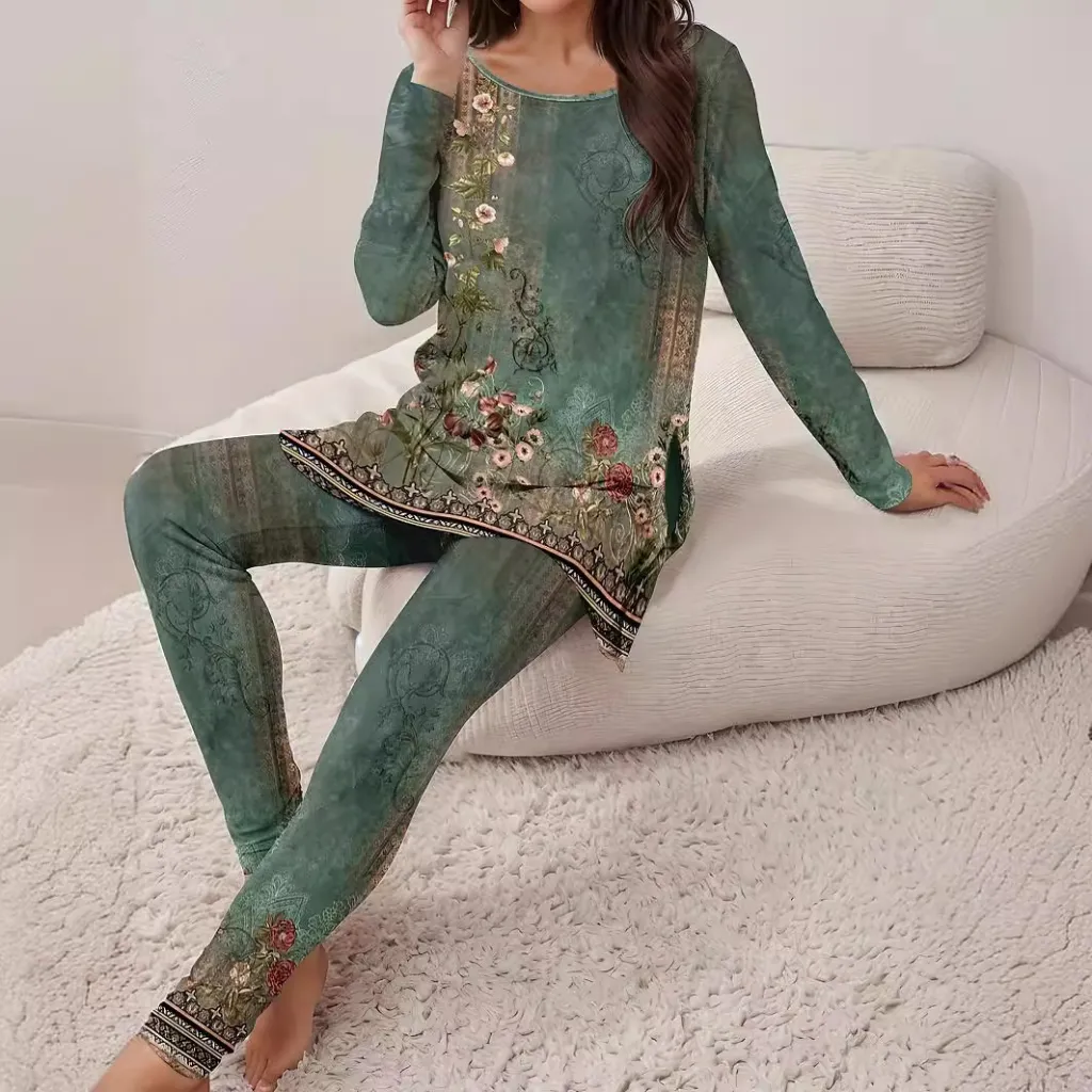 Casual Round Neck Long Sleeve Split Top And Trousers Suit - G75Z9