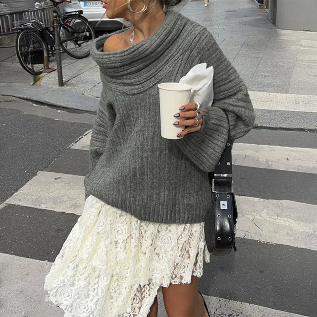 Loose Pullover Trumpet Sleeve Sweater Y2K Fashion One shoulder Knitted Tops Winter Womens Clothing Flower Gray - Shop at LoveMi