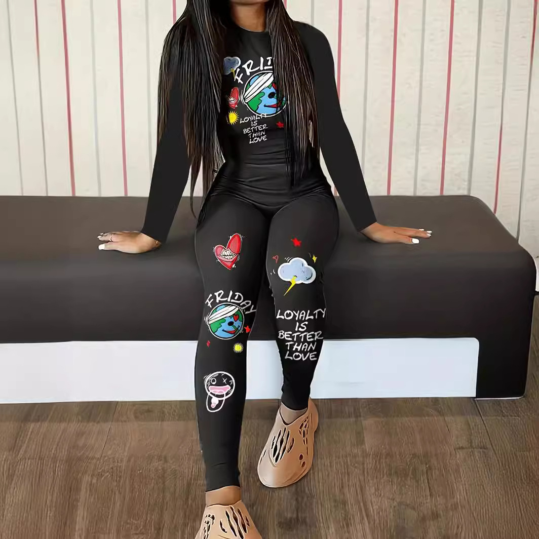 Graffiti Printing Casual Two-piece Suit Round Neck Long Sleeve Top
