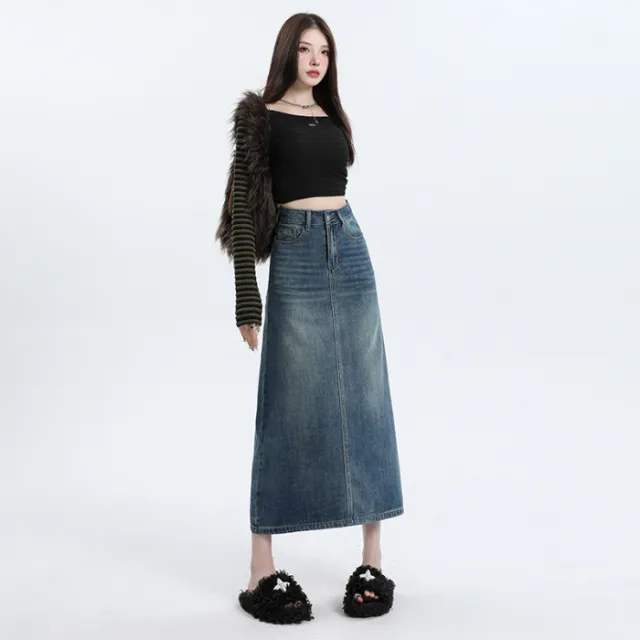 Denim Skirt Design Pocket Slit Retro Hip wrapped Midi Skirt Nzdg Vintage Blue - Shop at LoveMi