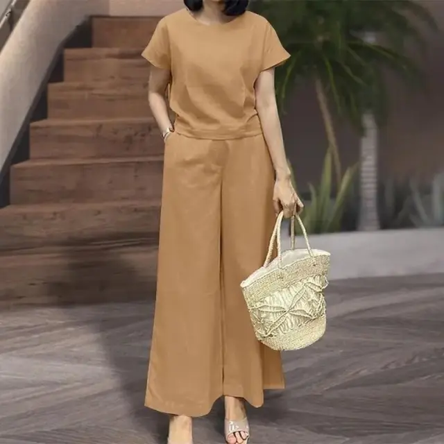 Womens Short Sleeve Sporty Casual Set Cropped Loose Top And Cropped Pants Two Piece Set Camel - Shop at LoveMi