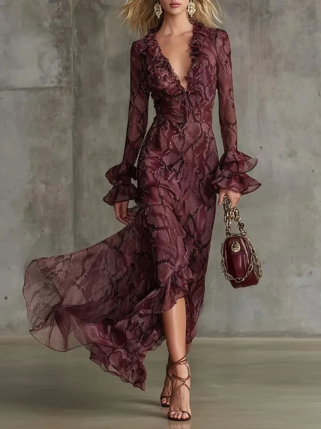 Bell Sleeve Tie V Neck Gown Long Sleeve Dress Red - Shop at LoveMi