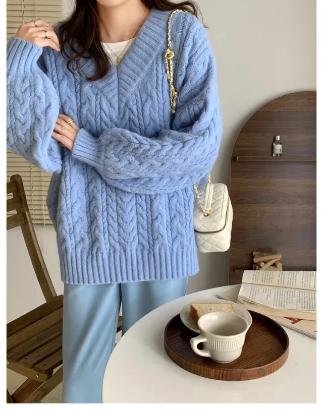 V neck Thickening Cable knit Sweater Women Blue - Shop at LoveMi
