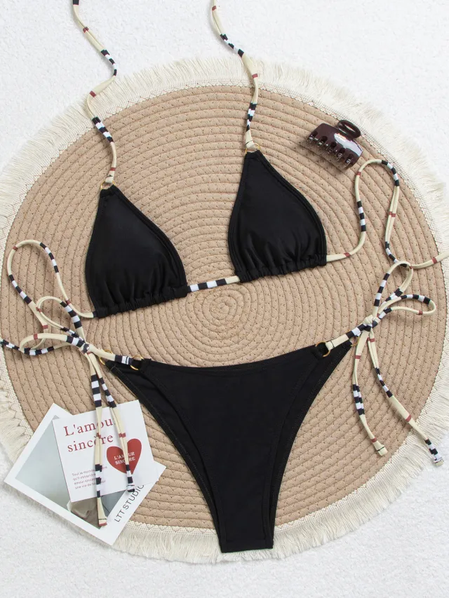Strap Ring Printed Triangular Cup Bikini Split Swimsuit For Women Black - Shop at LoveMi