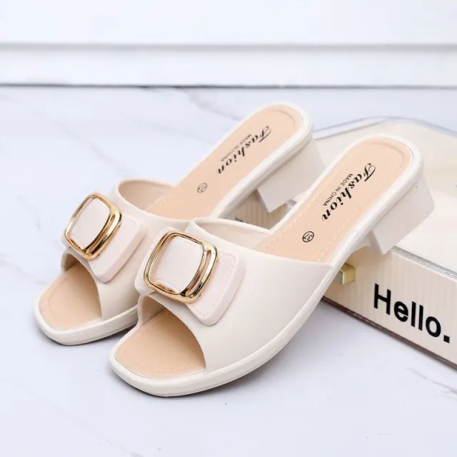 High Heel Slippers Women's Summer Slippers Korean Style Internet Celebrity Buckle Chunky Heel Lady Mom Slippers Outdoor Beach Shoes White - Shop at LoveMi