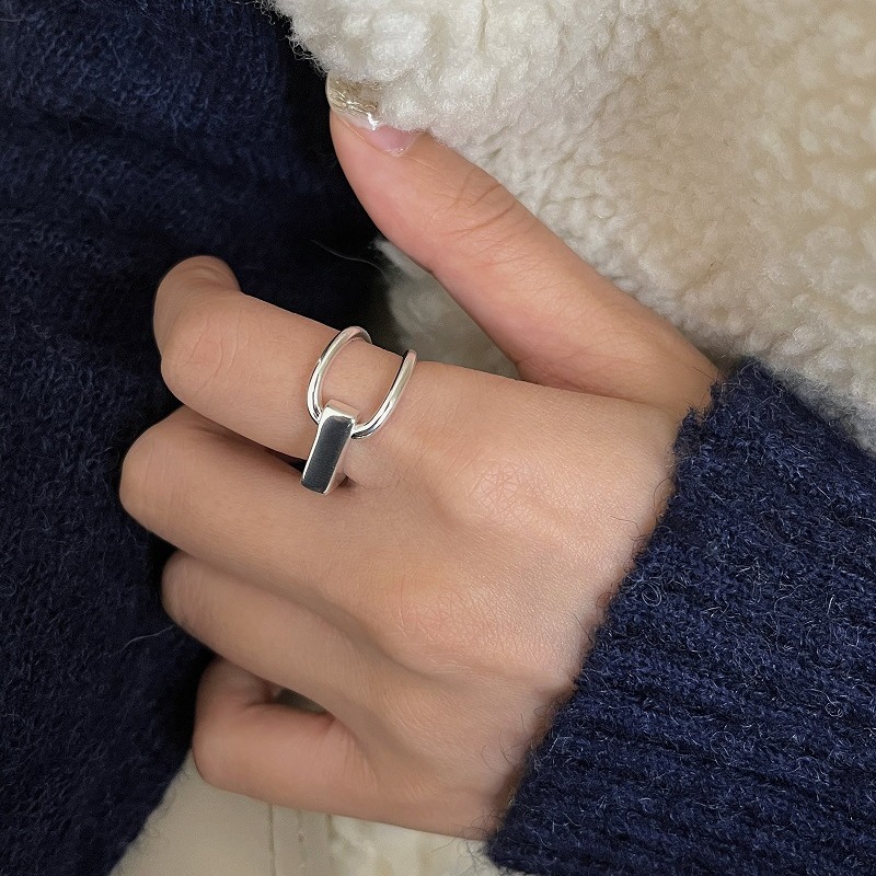 S925 Sterling Silver Geometric Line Square Ring For Women