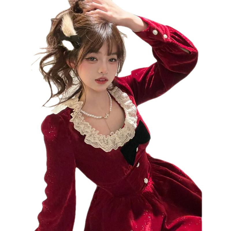 French Style Retro Long Sleeve Red Velvet Dress