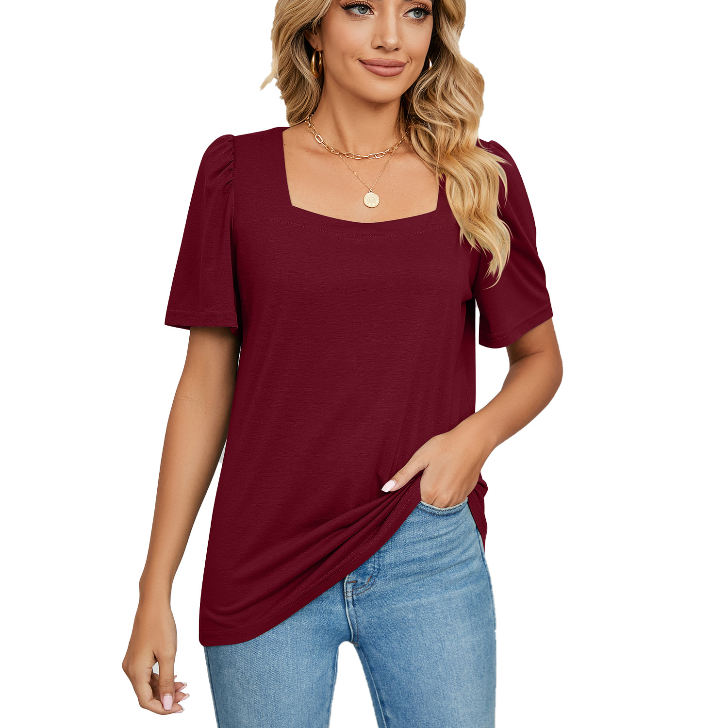Solid-color Square-neck Short-sleeve Loose-fit T-shirt Knitted Top