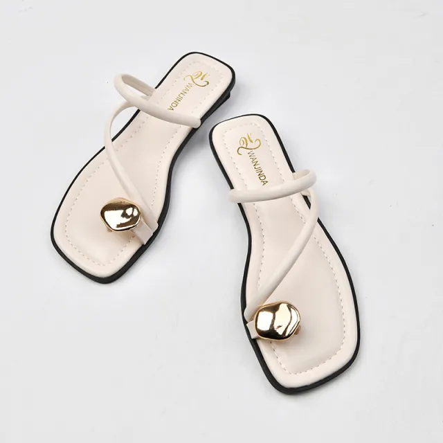 Women's Chunky Heel Small Golden Button Toe Covering Small Wedge Beach Outdoor Slippers White - Shop at LoveMi