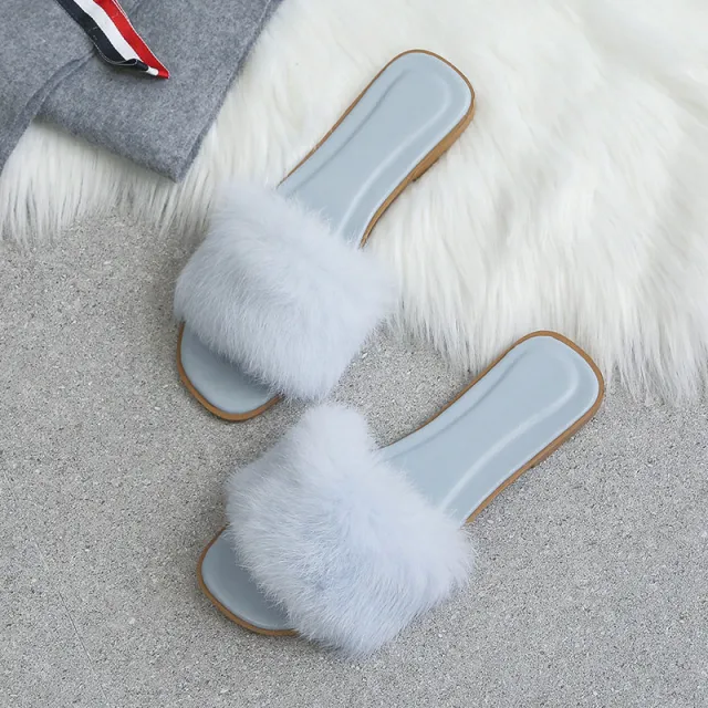 Fashion Rabbit Fur Flat Women's Slippers Plus Size Blue - Shop at LoveMi