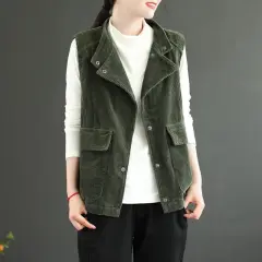 Double-layer Corduroy Cardigan Vest Women's Coat Waistcoat Lapel Top Retro - Green - View 1