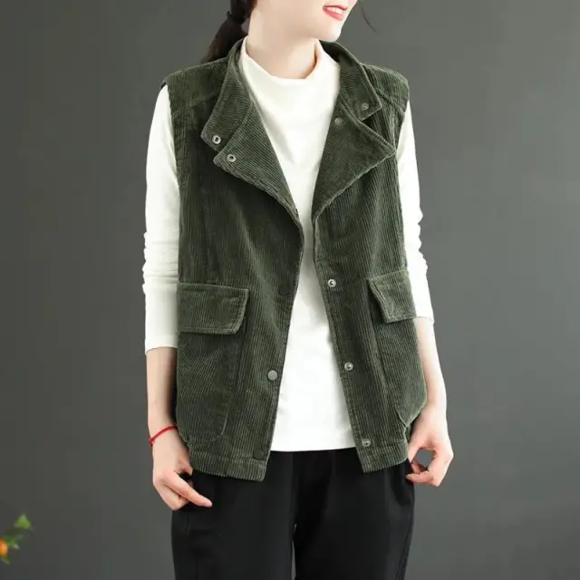Double layer Corduroy Cardigan Vest Women's Coat Waistcoat Lapel Top Retro Green - Shop at LoveMi