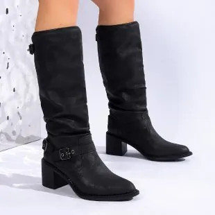 Stylish And Comfortable Buckle Chunky Heel Women's Boots Black - Shop at LoveMi