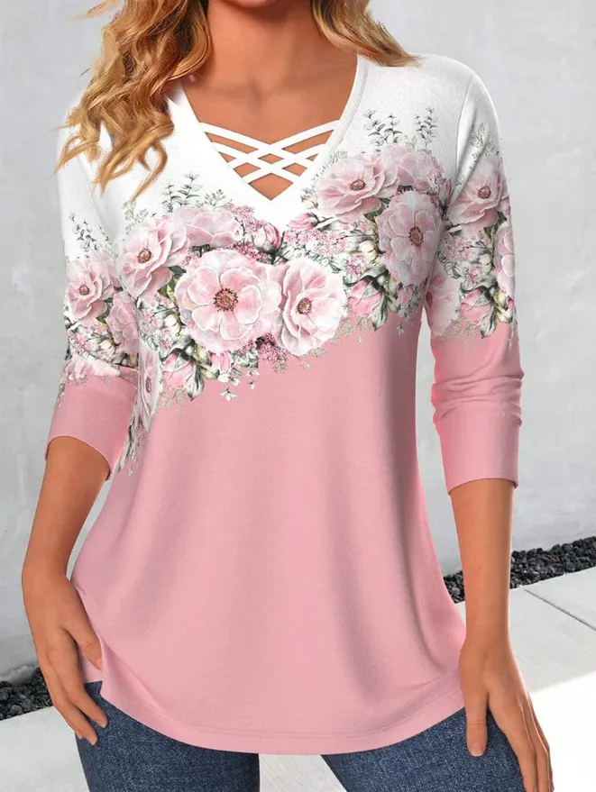 Women's V-neck Flower Print Long-sleeved T-shirt - Pink