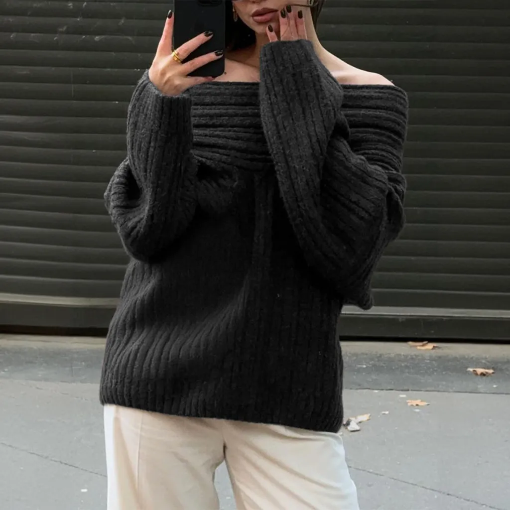 Loose Pullover Trumpet Sleeve Sweater Y2K Fashion One-shoulder Knitted Tops Winter Womens Clothing - Black