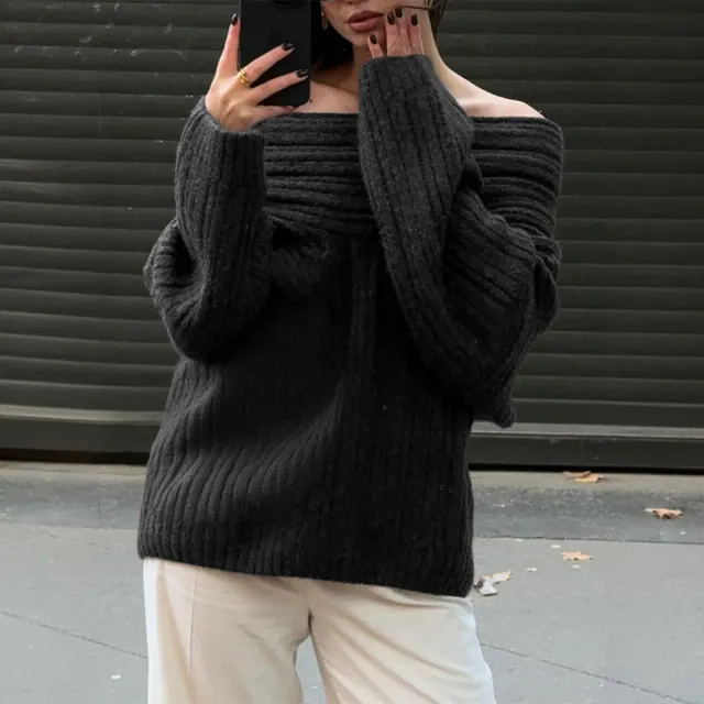 Loose Pullover Trumpet Sleeve Sweater Y2K Fashion One shoulder Knitted Tops Winter Womens Clothing Black - Shop at LoveMi