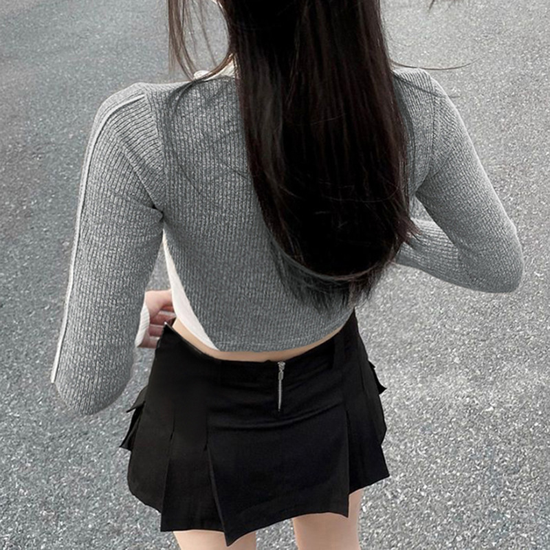 Design Split Contrast Color Zipper Rib T-shirt