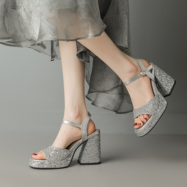 Sequin Round-toe Peep-toe Chunky Heel Sandals For Women