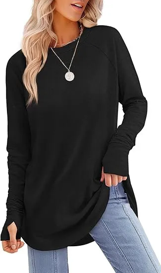 Solid Color Split finger Long sleeved Shirt Loose Mid length Black - Shop at LoveMi