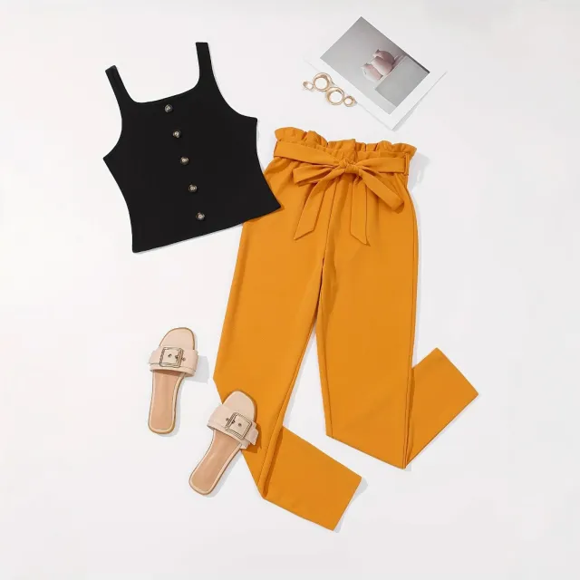 Sleeveless Ribbed Vest With Button Detailing And Ruffled Hem Orange - Shop at LoveMi