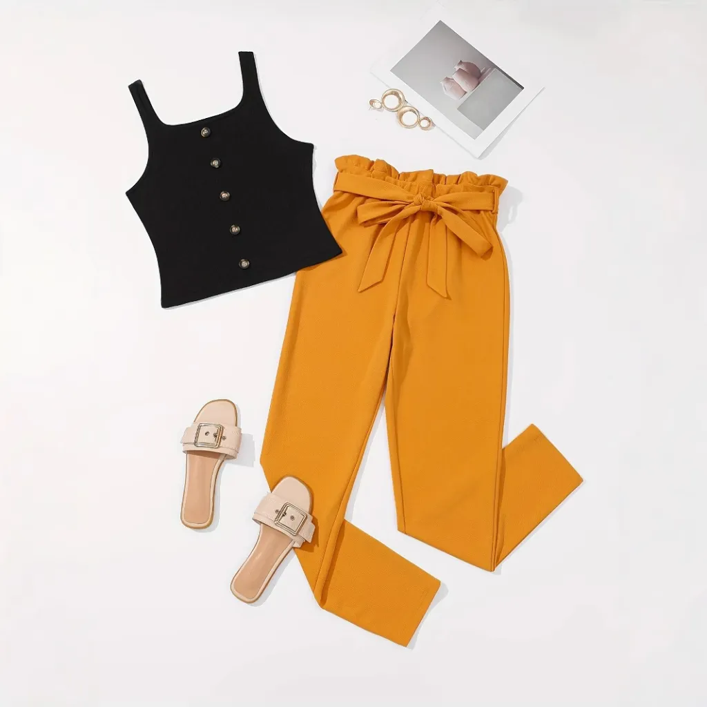 Sleeveless Ribbed Vest With Button Detailing And Ruffled Hem - Orange