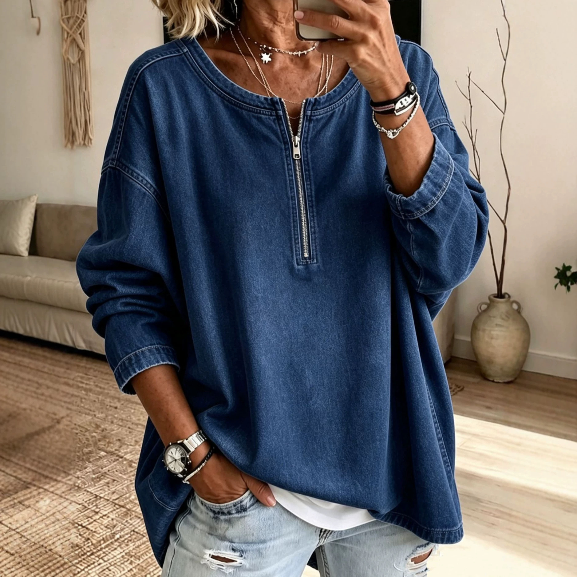 Loose-fit Washed Half-zip Denim Shirt
