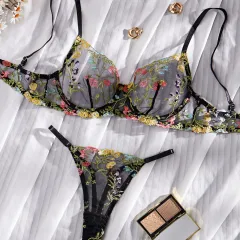 Embroidered Floral Sling Underwear Set - Black - View 1