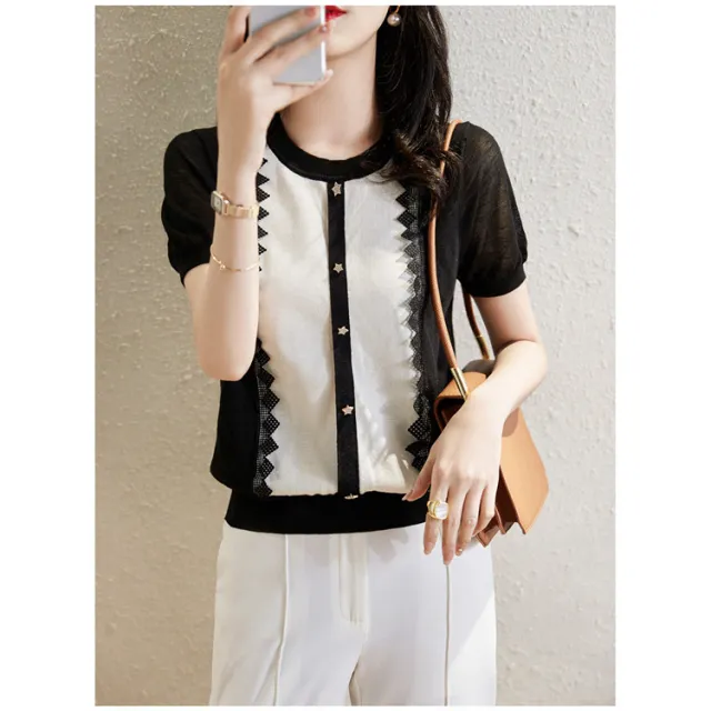 Lace Edge Stitching Button Embellished Knitted Short sleeved Shirt For Women Black - Shop at LoveMi